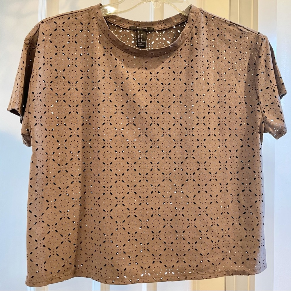 Taupe Laser cut short sleeve blouse